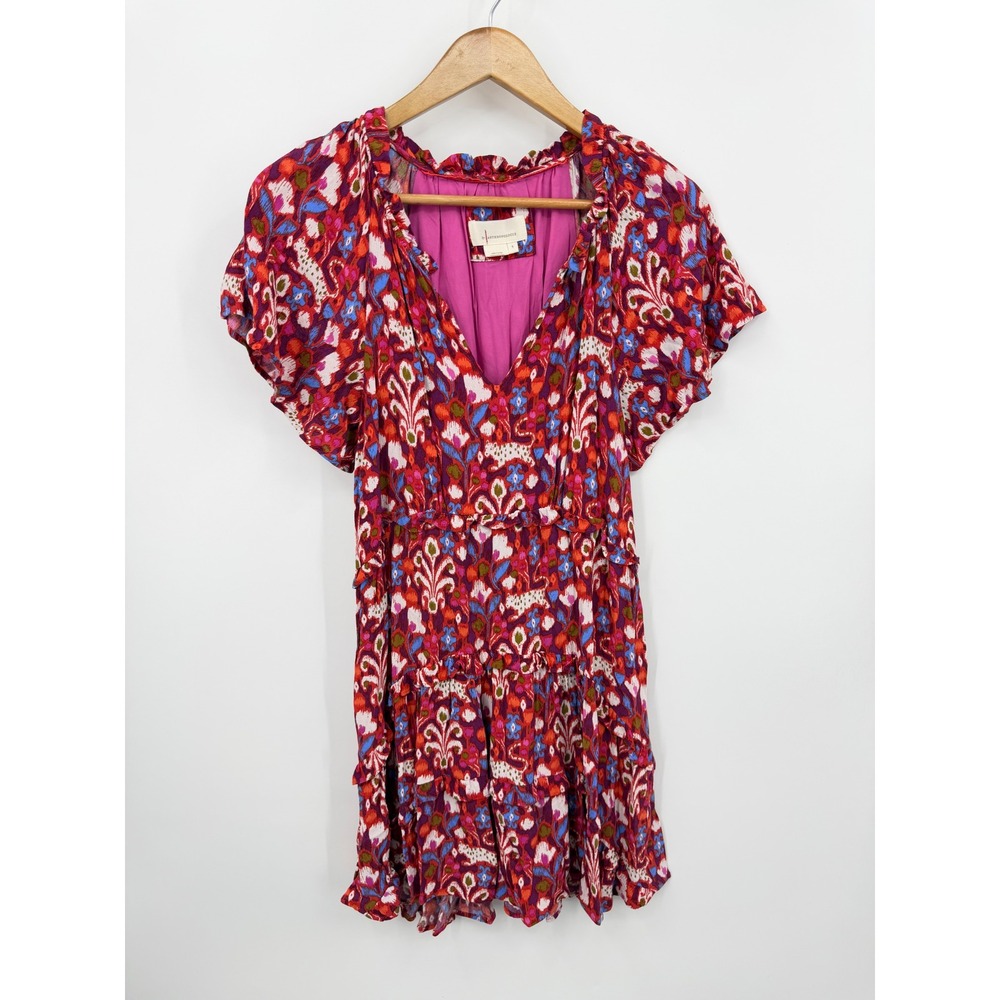 Anthropologie robin Tiered Floral Mini Dress Women Size S Red Multi Flutter Boho